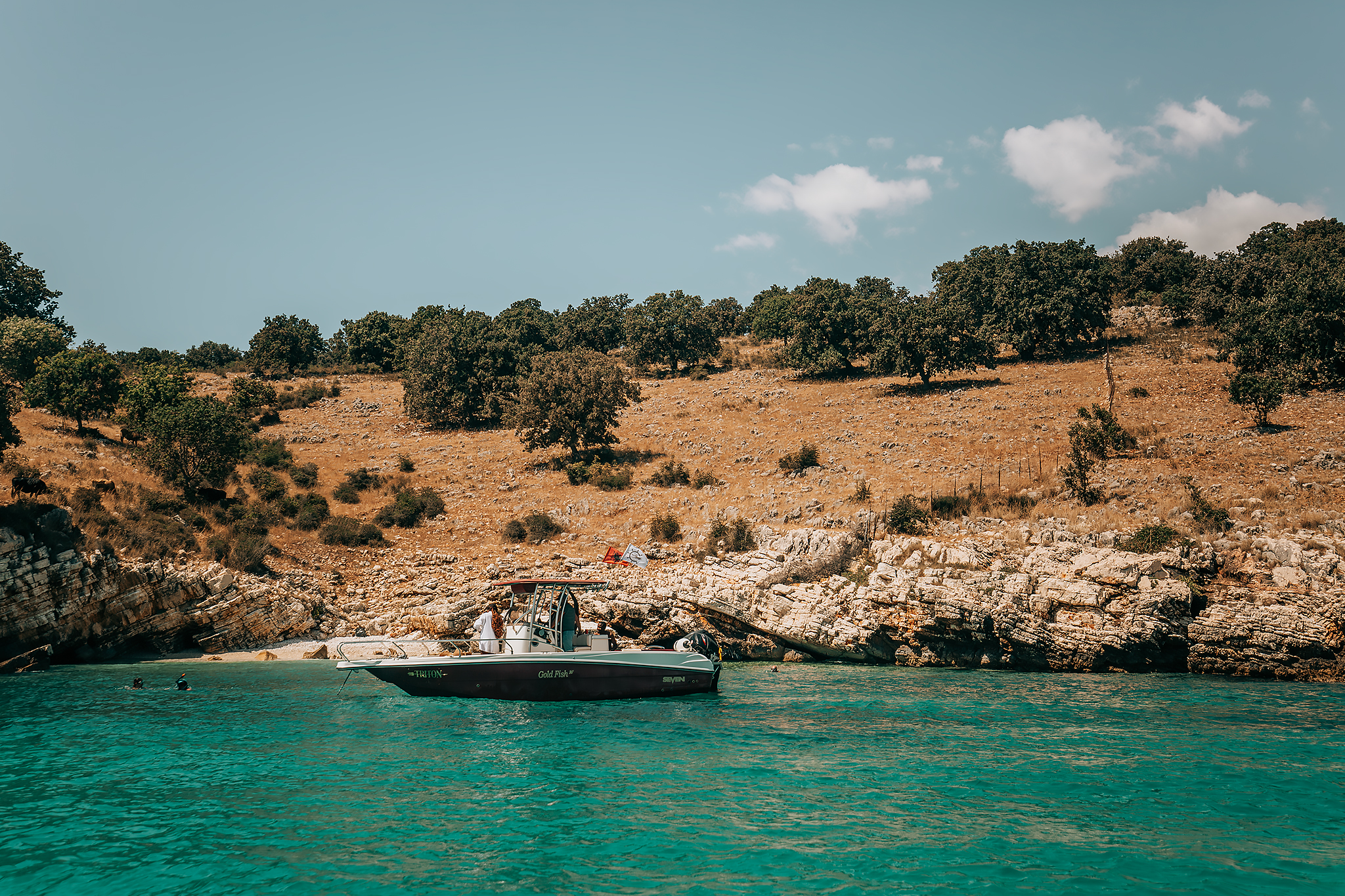 Båtutflykt i Saranda: Badstopp vid stranden Ushtarit